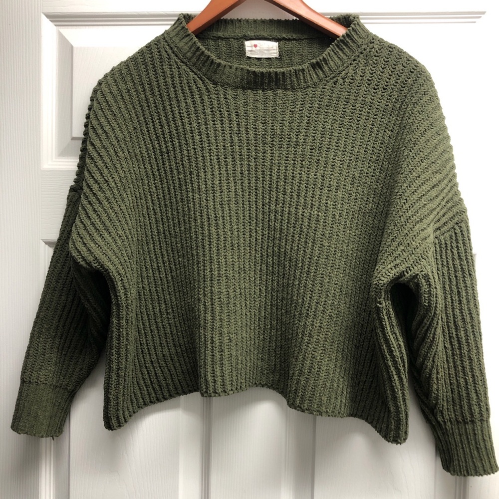 Poof Apparel Small Olive Green Women's Cropped Rib Knit Sweater